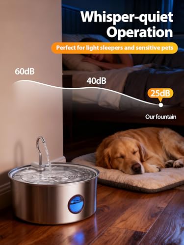 Kittyspout 8L Trinkbrunnen für Hunde, Edelstahl Wasserspender mit großem Sichtfenster und 3 Filtern, Ultra-leise Pumpe, Ideal für große Hunde und mehrere Katzen