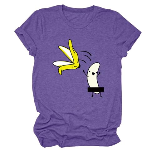 boiszeda Banana Person T-Shirt Cute Fun Graphic Women's Crew Neck Summer Top Purple