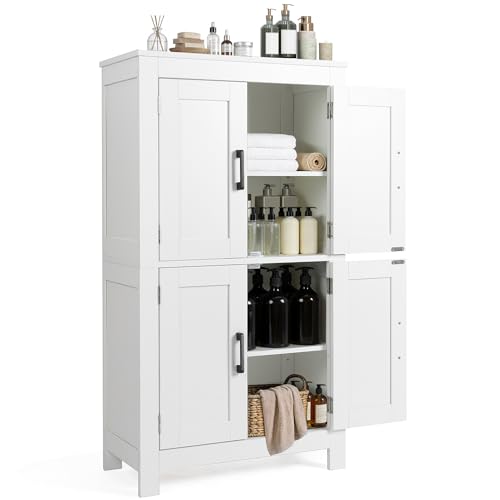 Image of VUSIGN Bathroom Floor Cabinet, Farmhouse Storage Cabinet with 4 Doors, Adjustable Shelves, Modern Freestanding Storage Unit, Versatile Cupboard for Kitchen Living Room, Dining Room, Entryway, White