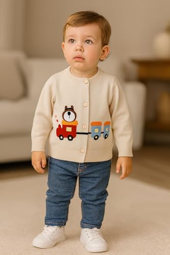 Image of Bold N Elegant Knitted Car Cardigan Sweater for Infant Toddler Baby Boys n Girls | Warm Woolen Front Open Winter Sweater for Kids Infant Toddler Kids