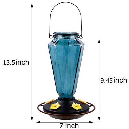 Juegoal Glass Hummingbird Feeders For Outdoors - 22 Oz Wild Bird Feeder 5 Feeding Ports, Diamond Shaped Metal Handle Hanging For Garden Tree Yard Outside Decoration, Gray-Blue #TOP3