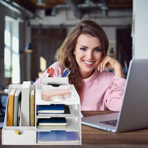 Organizador de escritorio, almacenamiento de oficina con gran capacidad, organizador de oficina, estante de escritorio para guardar papel A4, bolígrafos, libros, cartas, documentos (blanco) - imagen 2