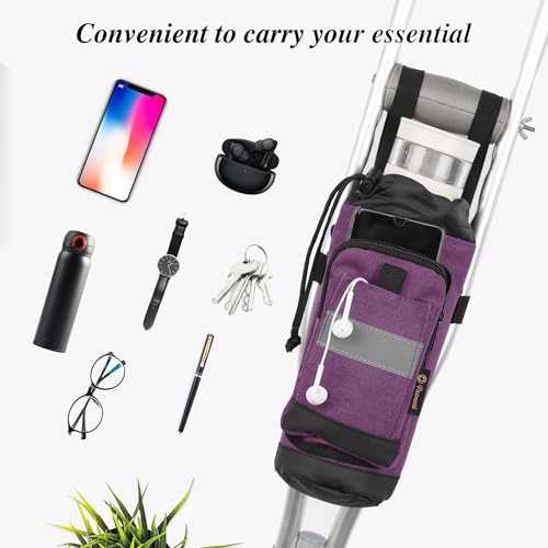 Crutch Bag Lightweight Crutch Accessories Storage Pouch with Reflective Strap and Front Zipper Pocket for Universal Crutch Bag to Keep Item Safety (Purple) - Thumbnail 6