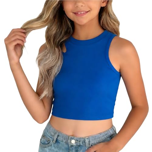 Camiseta deportiva sin mangas para niñas, cuello redondo, hombros descubiertos, para gimnasio y uso diario, casual, yoga, camiseta corta de punto, ajustada, ropa deportiva para la escuela, 1 azul., 5