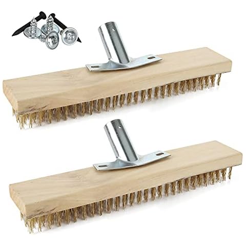AHUNTTER 2PCS 12" Stiff Steel Wire Broom Head, Sweeping Brush, Heavy Duty Outdoor Yard Brush Steel Bristles for Deck Scrub Decking Paving Patio Paths Drives, With Iron Accessories Cover