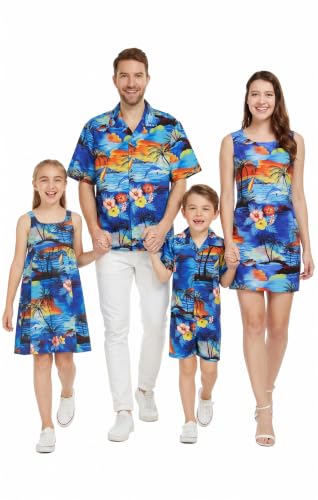 Image of Hawaii Hangover Family Matching Hawaiian Clothes, Sunset Blue | Family matching Hawaiian outfits, Sunset Blue, 100% cotton, machine washable, tropical floral print, luaus, cruises