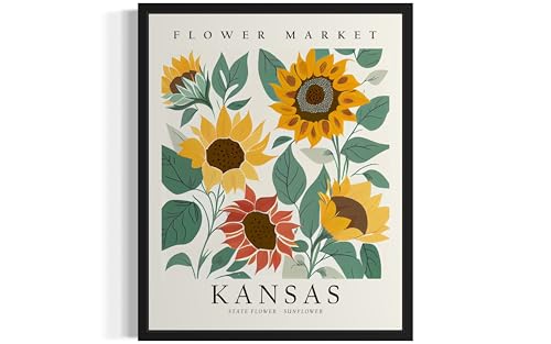 Kansas Flower Market Art Print Poster State Wall Art, Botanical Floral Artwork Decor for Bedroom, Kitchen, Bathroom, Livingroom Decoration 61 (Kansas, 10"L x 8"W, Unframed)