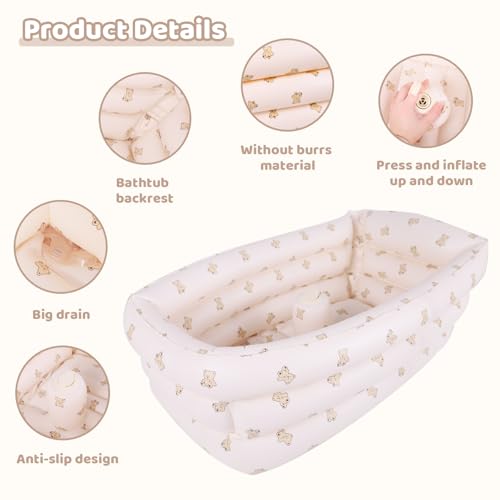 Image of AirSwim Inflatable Baby Bathtub with Built-in Air Pump, Portable Bathtub for Babies 0-5 Years Old, Small Ball Pool, Foldable Bath Tub for Travel, 30.7 x 14.6 Inch (Bear)
