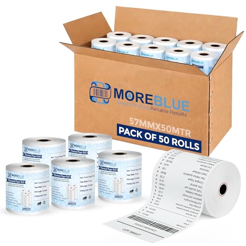 Image of MOREBLUE 2 Inch Thermal Paper Rolls (57mm x 50 Meter) Pack of 50 | Ink-Free, BPA-Free Receipt Paper for POS Machine, Billing Machine, Credit Card Machine & Petrol Pump Use
