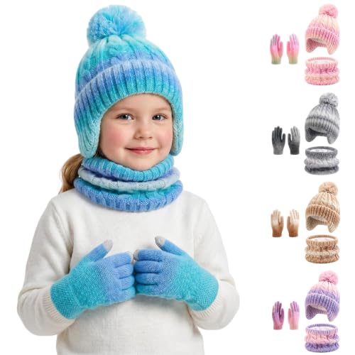 Kids Winter Hat and Gloves Set Neck Warmer Touchscreen Aged 2-8Y - image 1