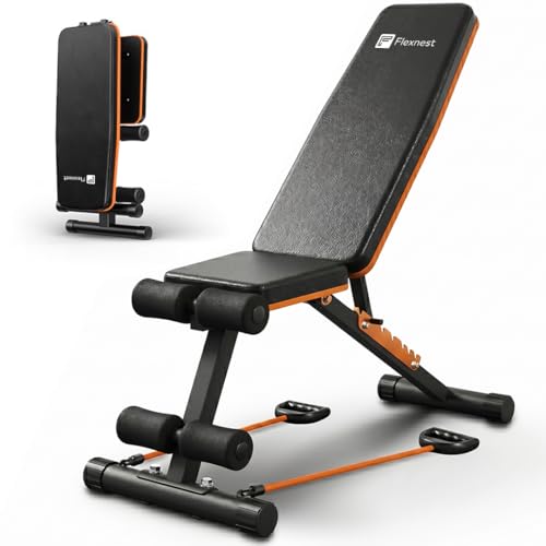 Image of Flexnest Commercial Grade Adjustable And Foldable Gym Bench Incline,Decline & Flat 250 Kg Capacity Fitness Gym Bench with Resistance Ropes For Home Workout,Premium Leather Adjustable Multi-Purpose Machine - Black (Flexbench EZ)