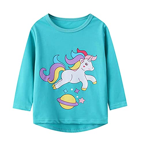 Toddler Girl Long Sleeve Tops Tees Shirts Cotton Casual Crewneck Graphic White Green Unicorns Tunic Shirts 3 Packs Sets 2T4