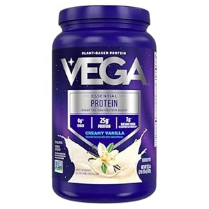 Vega Original Essential Protein – 25g Plant-Based Protein, Creamy Vanilla, 20 Servings, Vegan Non-GMO Drink Mix, Smoothie & Shake Ready, Gluten Free, Dairy Free, 32.5oz (Packaging May Vary)