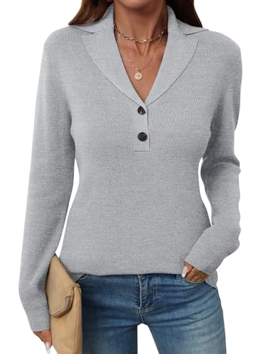 Image of LOMON Sweaters for Women 2025 Fall Knitted V-Neck Collared Button Pullover Dressy Casual Long Sleeve Polo Shirts Business