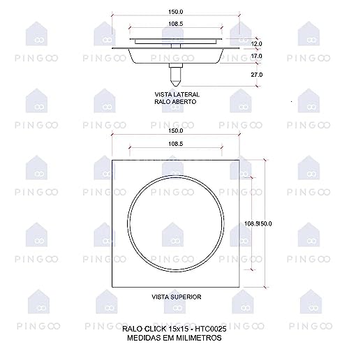 Pingoo.Casa, Ralo Click Up para Chão, Quadrado, Aço Inox, Cromado, 15 cm, Dourado