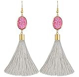 Aretes colgantes de borla drusa: hechos de cristal natural y una borla de hilo de algodón suave con gancho chapado en oro, más fáciles de poner y quitar.