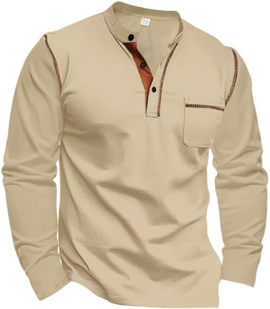 Men Henley Shirts Long Sleeve Top 3 Button Up Casual Loose Fit Pullover T-Shirts with Pocket