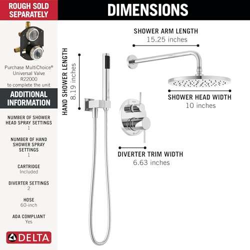 Image of Delta Modern 14 Series Round Rain Shower System Faucet Set, Rainfall Chrome Shower Head and Handle Set, Valve Trim Kit, 10 Inch, Chrome T342702 (Valve Not Included)