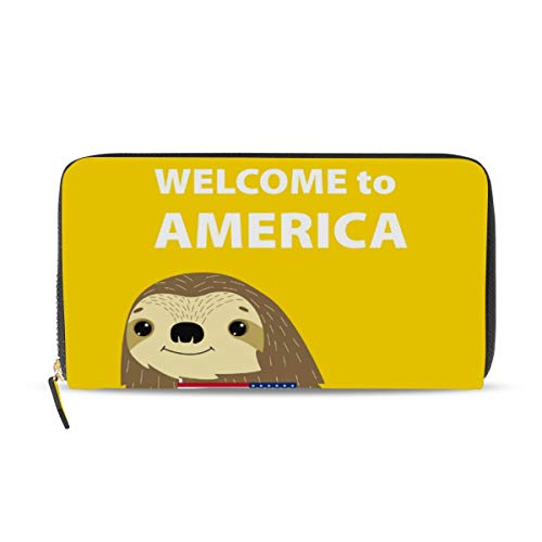 Preisvergleich Produktbild GIGIJY Geldbörse mit Aufschrift Welcome to America, Faultier-Geldbörse, mehrere Kreditkartenfächer, Ledertasche mit Reißverschluss