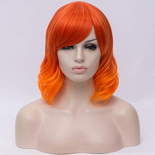 BUFASHION Short Wavy Bob Wigs Ombre Orange Curly Hair Wigs With Bangs Heat Resistant Cosplay Party Custom Wigs With Wig Cap (Ombre Orange)