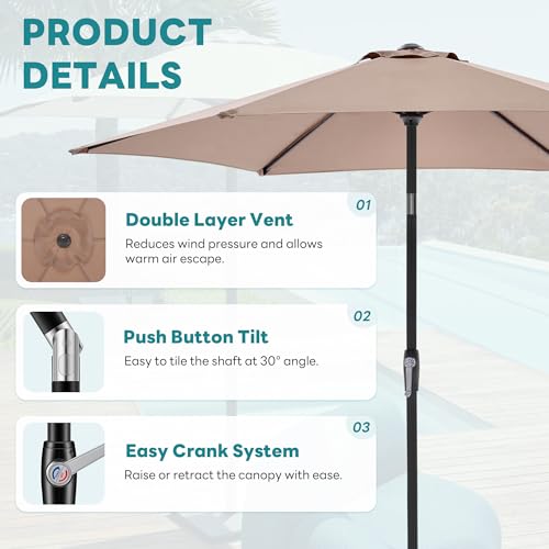 OLIXIS 7.5ft Patio Umbrella with Tilt and Crank Button & 6 Sturdy Ribs Waterproof, 7.5 Feet Patio Table Umbrella Sun Shade for Poolside, Terrace, Beach and Outdoor Restaurant, Khaki — view 2