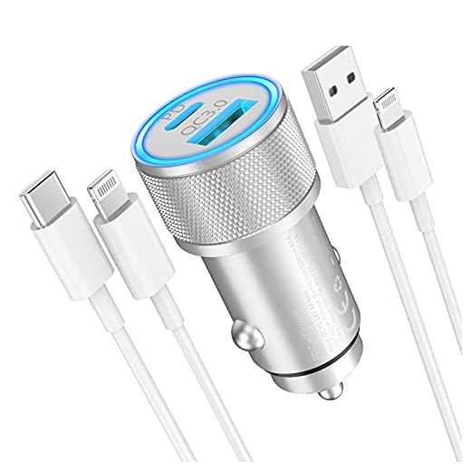 [Apple MFi Certified] iPhone Fast Car Charger, Veetone 38W Dual Port USB C Power Delivery All Metal Car Adapter with 2 Pack Lightning Cable, PD/QC 3.0 Type C Rapid Car Charging for iPhone/iPad/Airpods
