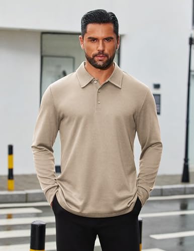 COOFANDY Mens Long Sleeve Collared Shirts Business Casual Work Office Classic Polo Shirt Lightweight Fall Golf Shirts Khaki - Image 3
