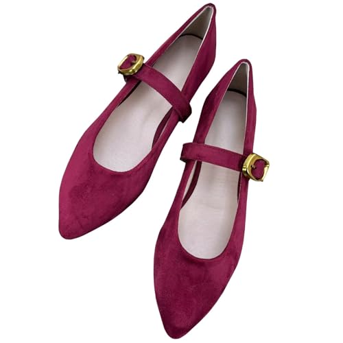 TN TANGNEST Women's Mary Jane Shoes Retro One Line Strap Flats Cute Square Toe Faux Suede Dressy Flat Wine Red Size 42(9.5)
