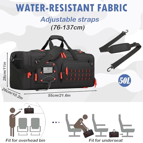 Gym Bag for Men and Women, 50L Extra Large Duffle Bag, 3-in-1 Travel Sports Duffel Bags with Shoe & Laptop Compartment for Overnight Weekender Gym Traveling Workout Deployment, Black+Red2
