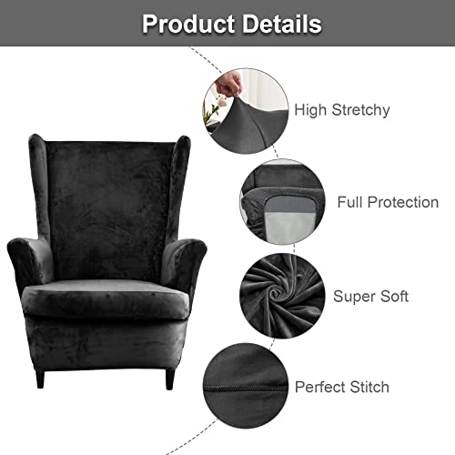 Wing Back Slipcover Velvet Chair Cover,Plush Chair Covers Armchair,Furniture Covers Protector for Living Room Bedroom Decoration (Velvet Dark Gray) - Image 2