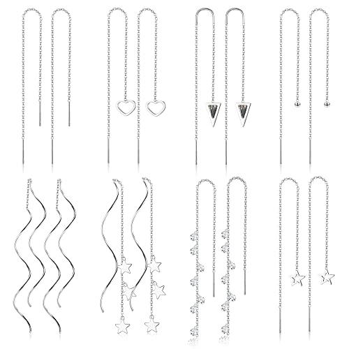 Lolias 8Pairs Threader Earrings Chain Earrings Tassel Earrings For Women Stainless Steel Double Twist Wave Drop Dangle Earrings With Rhinestones Lightweight Long Chain Earrings Set,Silver #TOP27