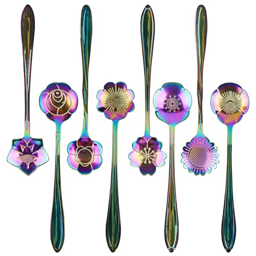 Biiange Flower Spoon Coffee Teaspoon Set, Stainless Steel Tea Spoon, Stainless Steel Tableware Creative Sugar Tea Utensil for 8 Different Patterns (Colorful)