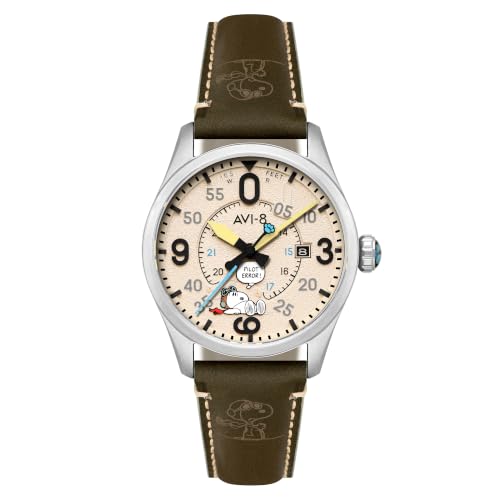 AVI-8 Spitfire Smith Automatikuhr für Herren, 42 mm, Snoopy Peanuts Flying Ace Pilot Error, Limitierte Auflage, Lederarmband, AV-4152, Deserted Decision