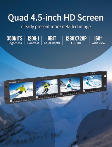 Image of FEELWORLD Q41 2RU Quad 4.5 Inch Rack Mount Monitor | HDMI 3G-SDI CVBS Broadcast Display, 3D LUT, Waveform Tally for Live Streaming Studio Video Productio