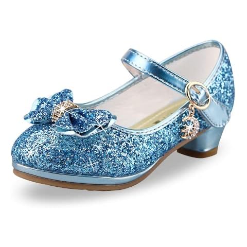 WYSFLY Girls Princess Shoes Bow Low Heeled Sequins Shoes Sparkly Glitter Wedding Evening Party Dress Shoes for Kids Blue 12UK Child Cover