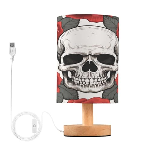 SDMKA Skulls with Red Roses Bedside Table Lamp for Bedroom, Minimalist Nightstand Lamp with Round Fabric Shade for Living Room, Office, No Bulb Required