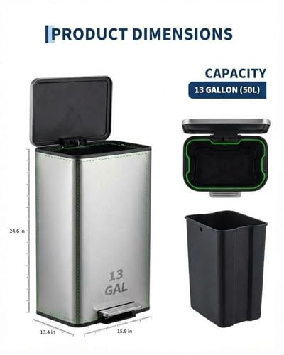 Caneca de basura de acero inoxidable 13.2 gal/50 L con tapa suave y pedal miniatura 7