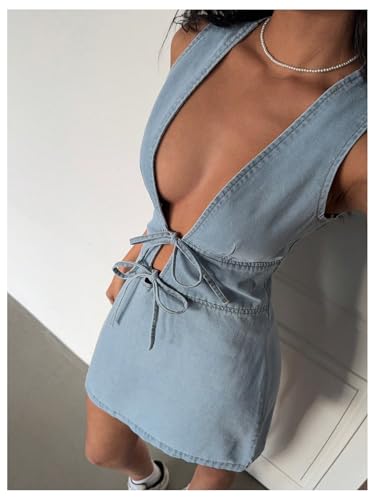 SOLY HUX Women's Denim Mini Dress Deep V Neck Bow Tie Front Sleeveless A Line Summer Jean Dresses3