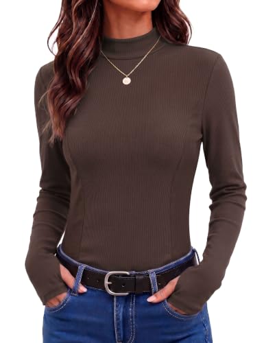 Crewhpo Tee Shirt Femme Manche Longue sous Pull Col Montant Ajusté