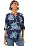 Roman Shirt for Women UK Ladies Top Collarless Blouse Stretchy Tunic Smart Casual Autumn Winter Jersey 3/4 Length Sleeve Notch V Neck Flattering Office Work - Turquoise Navy - Size 12
