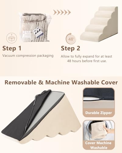 Image of Aodisman Dog Stairs for High Beds,5 Step Pet Ramp for Dogs and Cats,22.4 inch H | High-density foam dog steps for beds and window sills, with a non-slip bottom for puppies and senior cats,comfortable,Beige