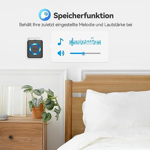 TECKNET Funkklingel, IP65 Funk klingel Set Aussen Wasserdicht, Kabellose Türklingel 400m Reichweite, Haustür Klingel kit mit 1 Plug-In-Empfänger und 1 Sender, 60 Melodien doorbell Mit LED-Blitz