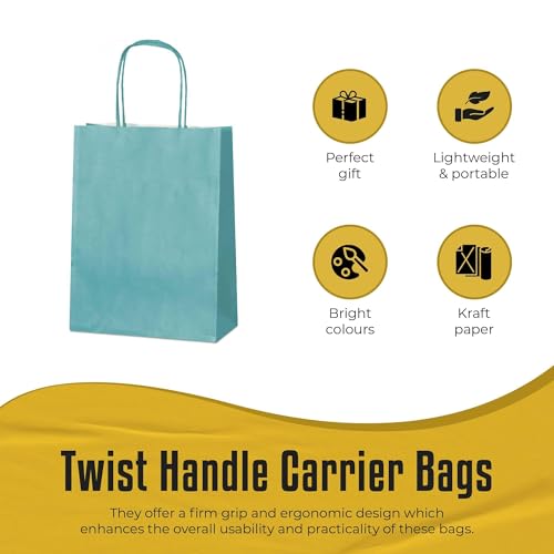 Thepaperbagstore 10 Dusty Teal Green Paper Party Bags With Handles - 18x22x8cm - Colourful Paper Gift Bags for Kids and Adults Parties, Birthdays, Weddings, Baby Showers, Hen Parties and Sweets