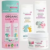 Aquatural Organic Baby Essentials Bath Care Set - Certified Organic Baby Shampoo, Lotion & Nappy Cream - Dermatologist Tested, Newborn Safe, Gentle & Nourishing