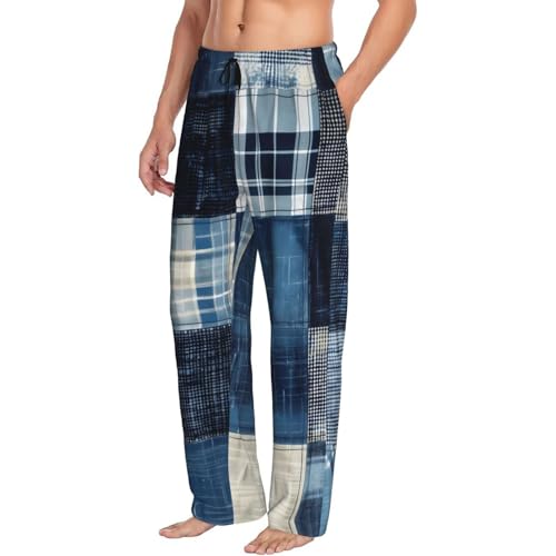 Vosery Mens Pajama Pants Bottoms With Pockets- Indigo Patchwork Quilt Soft Men Lounge Pants, Comfy Mens Pj Pants