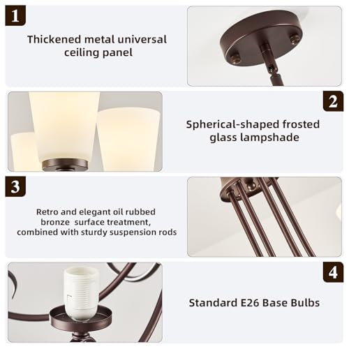 Image of 6-Light Modern Oil Rubbed Bronze Chandeliers for Dining Room 50'' Adjustable Height Farmhouse Pendant Light with Frosted Glass Shades,Brown Chandeliers Hanging Lamp for Kitchen Island Entryway