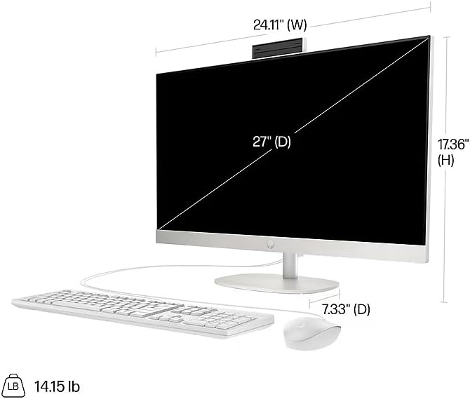 Front view of HP All-in-One PC with dimensions labeled