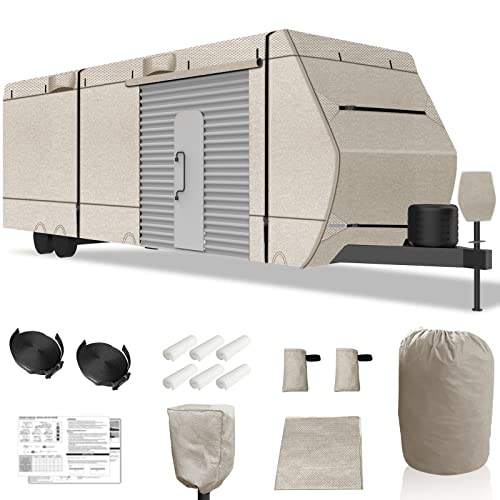 RV Cover 28 ft Travel Trailer Cover, Truck Camper Cover 26' to 28',7 Layers Camper Cover Windproof Waterproof Anti-uv Prevent with Adhesive Repair Patches Beige Heavy Duty