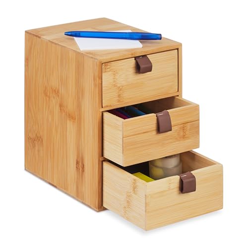 Relaxdays Schreibtisch Organizer, 3 Schubladen, Bambus, HxBxT: 21 x 15 x 20 cm, Schubladenbox Home Office & Büro, Natur