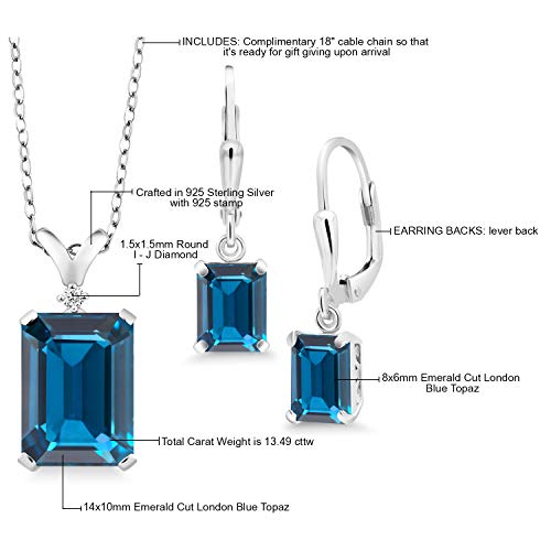 Gem Stone King 925 Sterling Silver London Blue Topaz Pendant Earrings Set For Women (13.49 Cttw, Gemstone Birthstone, Emerald Cut With 18 Inch Chain) #TOP3